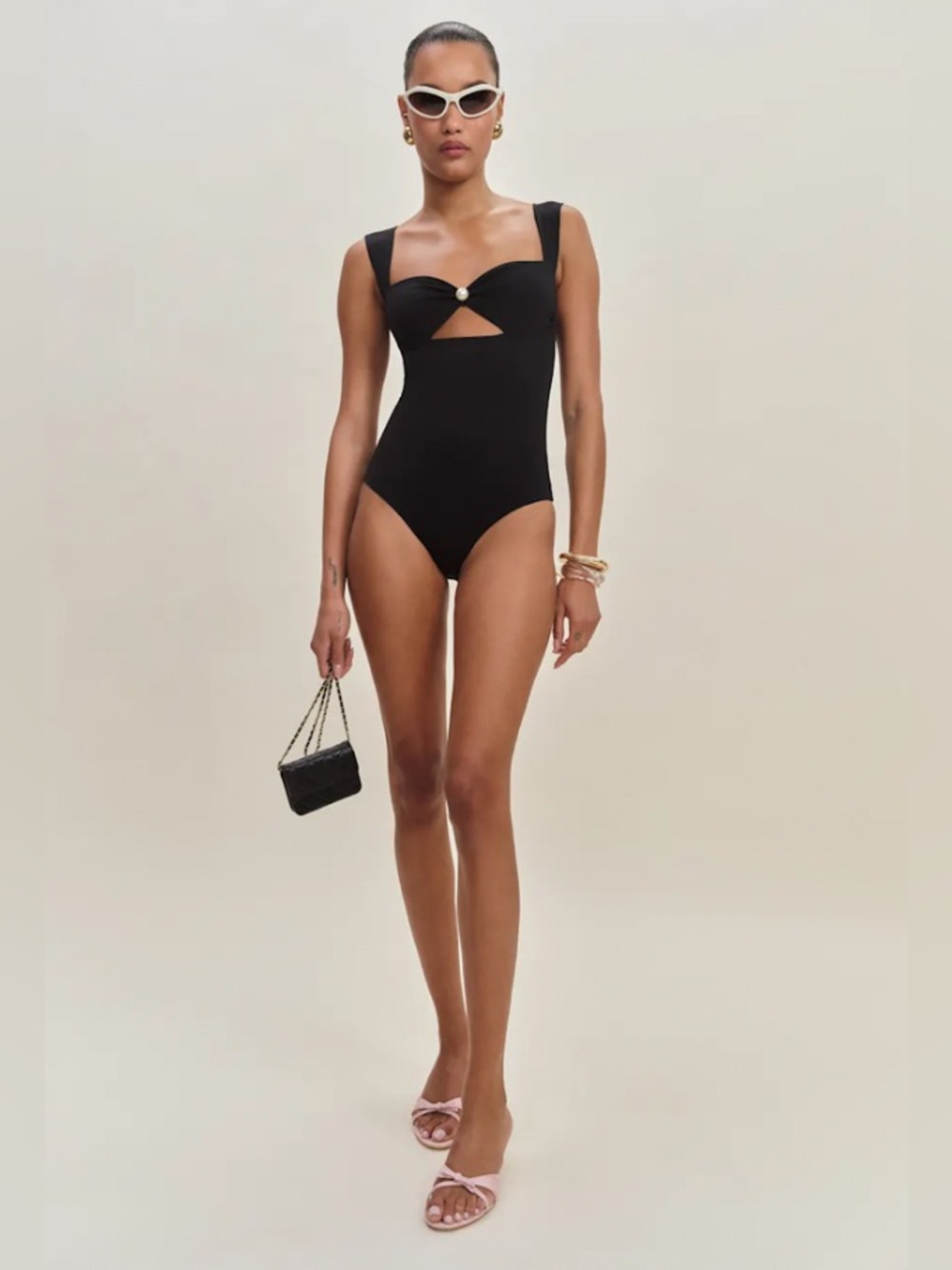 NWT Reformation Valera Black One-Piece Swimsuit with Pearl Accent - Picture 2 of 11